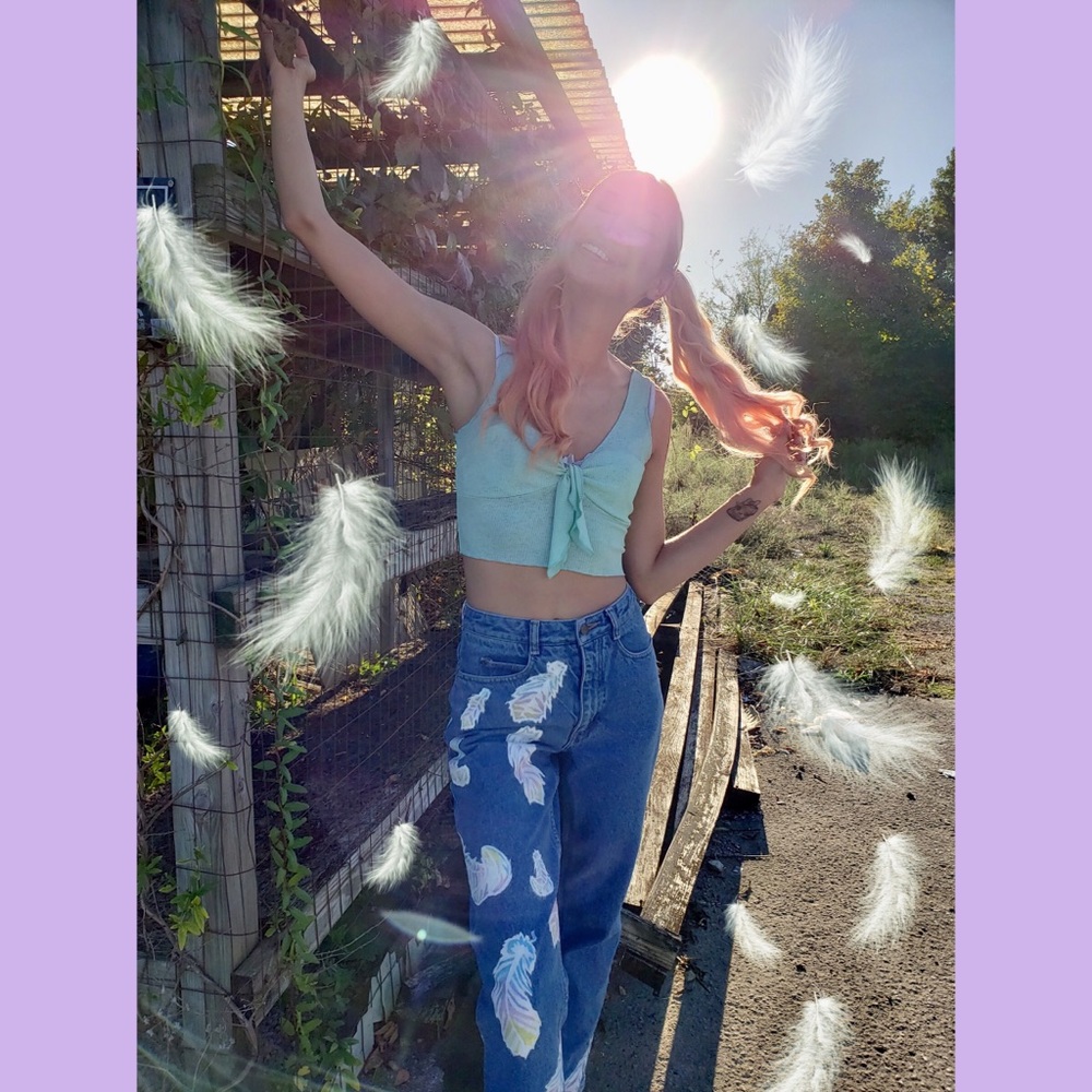 High Waist Hand Painted Jeans Grunge 90s Style - Picture 8 of 8